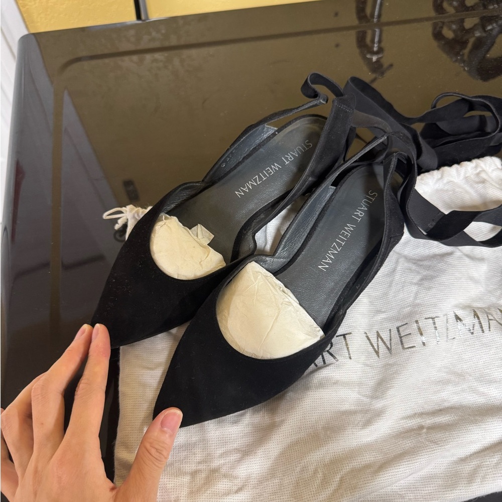 Stuart Weitzman Black Suede Flats with Ankle Straps
